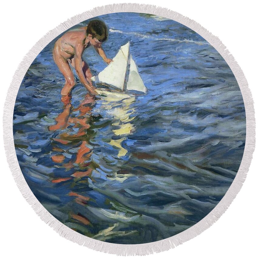 Joaquin Sorolla Round Beach Towel featuring the painting Young Yachtsman by Joaquin Sorolla