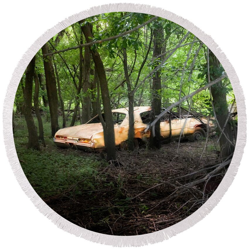 Abandoned Round Beach Towel featuring the photograph Your automobile gonna fall apart by Micah Offman