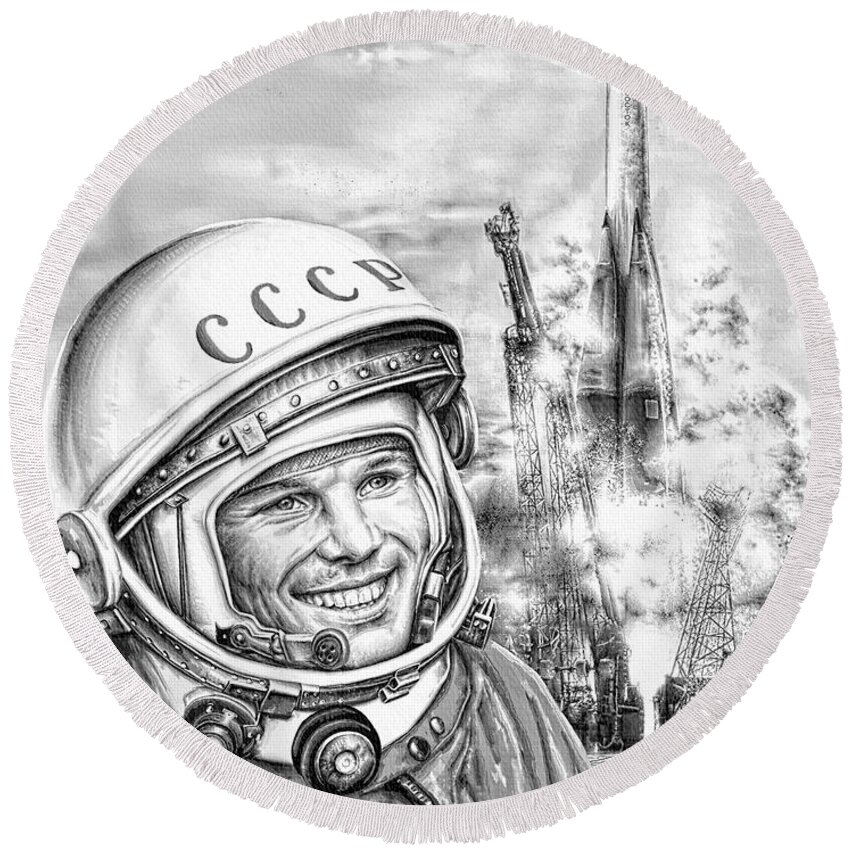 Yuri Gagarin Round Beach Towel featuring the digital art Yuri Gagarin - Cosmonaut 1961 by Ian Gledhill