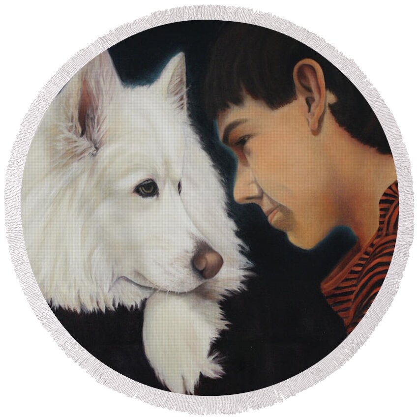 Boy Round Beach Towel featuring the painting Zach and Lu by Marg Wolf