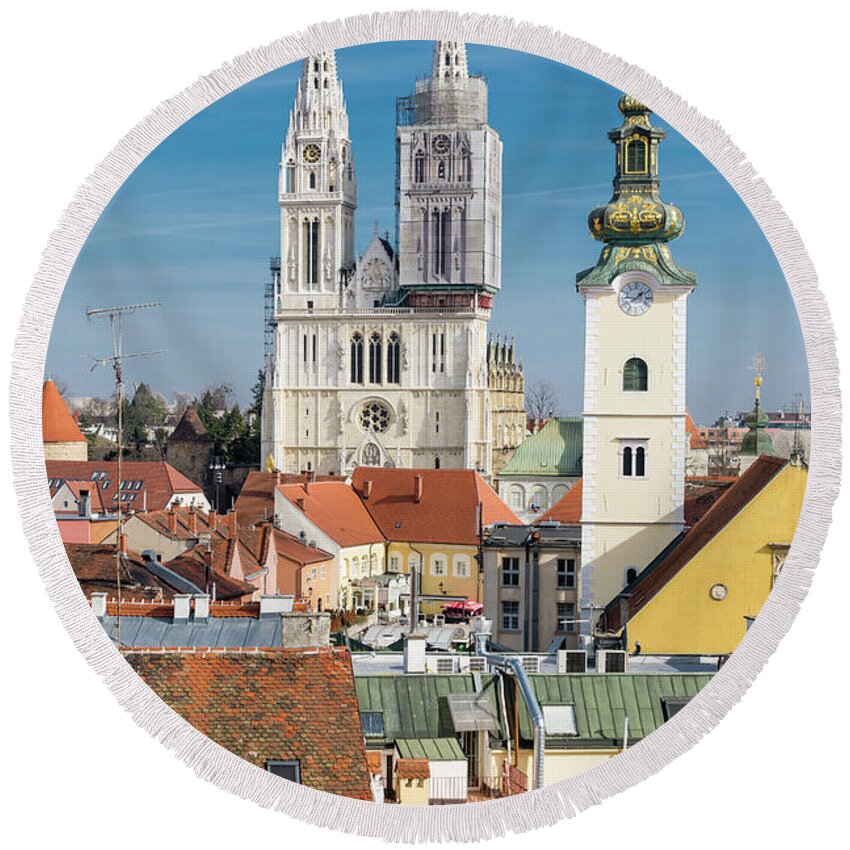 Zagreb Round Beach Towel featuring the photograph Zagreb Cathedral and St. Mary's Church by Steven Richman