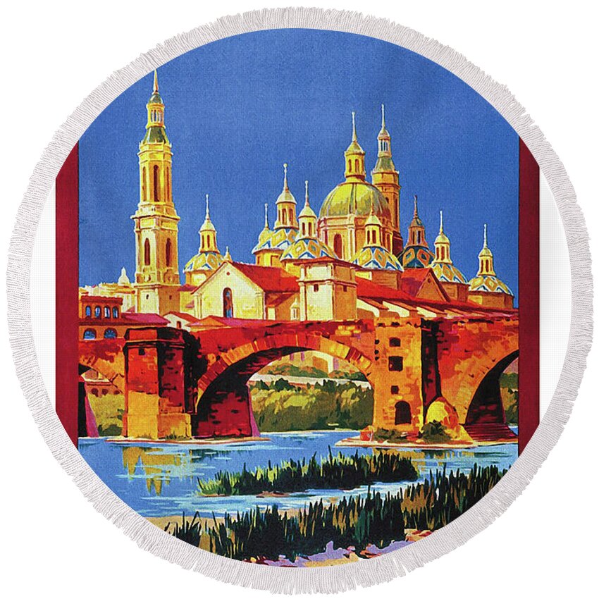 Zaragoza Round Beach Towel featuring the painting Zaragoza, Spain, vintage travel poster by Long Shot