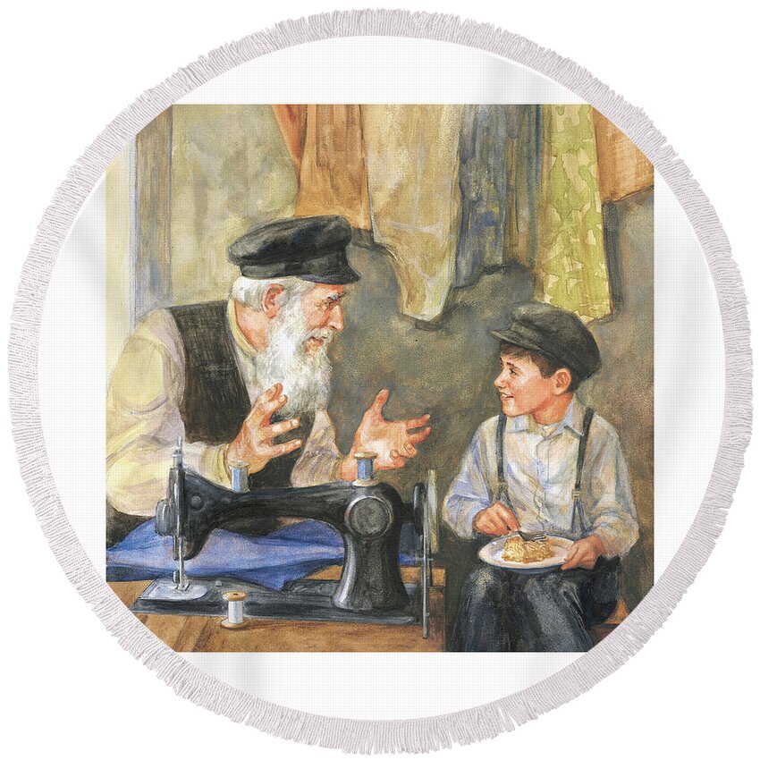Zayde Round Beach Towel featuring the painting Zayde the Storyteller by Laurie McGaw