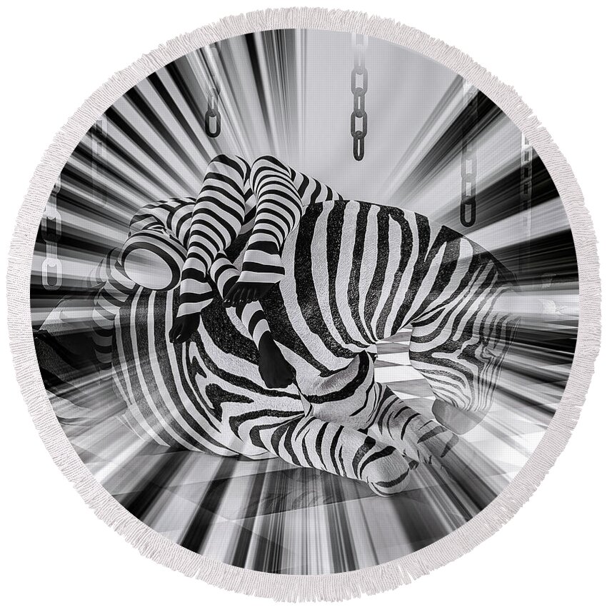 Surreal Round Beach Towel featuring the mixed media Zebra Time by Barbara Milton