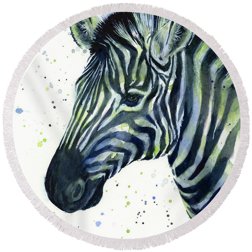 Zebra Round Beach Towel featuring the painting Zebra Watercolor Blue Green by Olga Shvartsur
