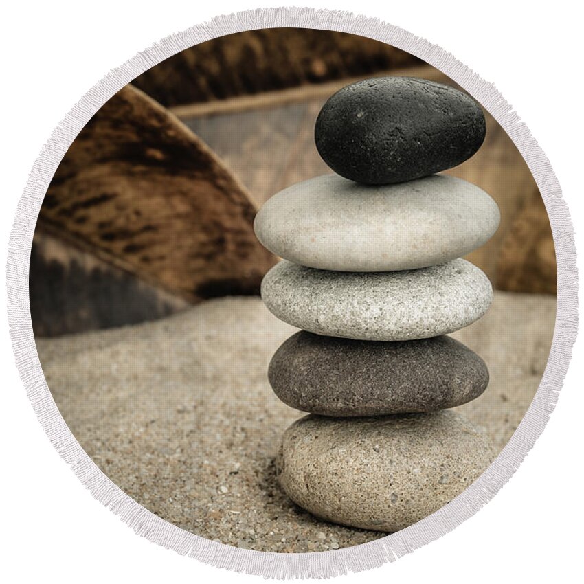 Stacked Stones Round Beach Towel featuring the photograph Zen Stones III by Marco Oliveira