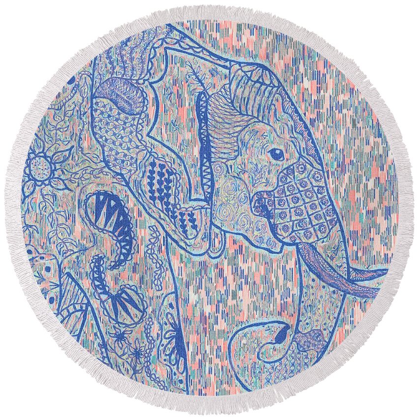 Brushstroke Round Beach Towel featuring the painting Zentangle Elephant-Oil by Becky Herrera