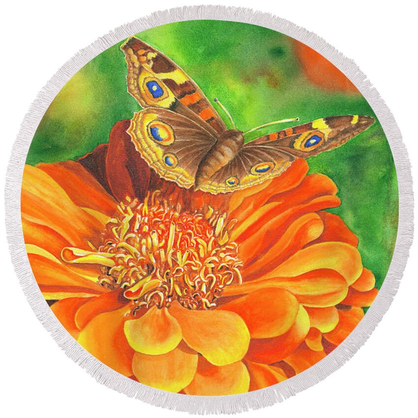 Zinnia With Butterfly Round Beach Towel featuring the painting Zinnia Runway by Lori Taylor