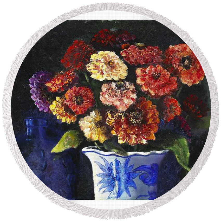 Still Life Round Beach Towel featuring the painting Zinnias by Marlene Book