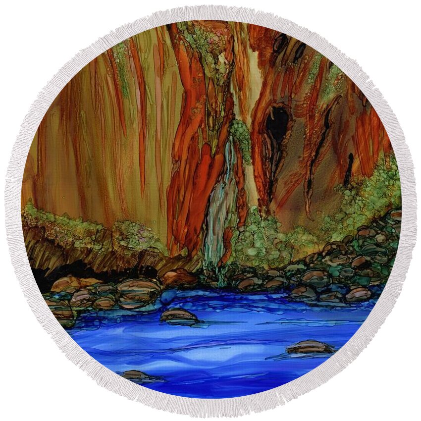 Canyon Round Beach Towel featuring the painting Zion Canyon River Walk by Eunice Warfel