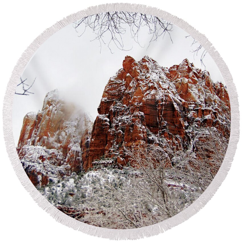 Zion Round Beach Towel featuring the photograph Zion's Peaks Framed by Daniel Woodrum