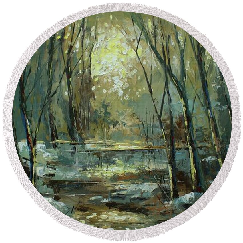 Landscape Round Beach Towel featuring the painting ' Hidden Gate' by Michael Lang