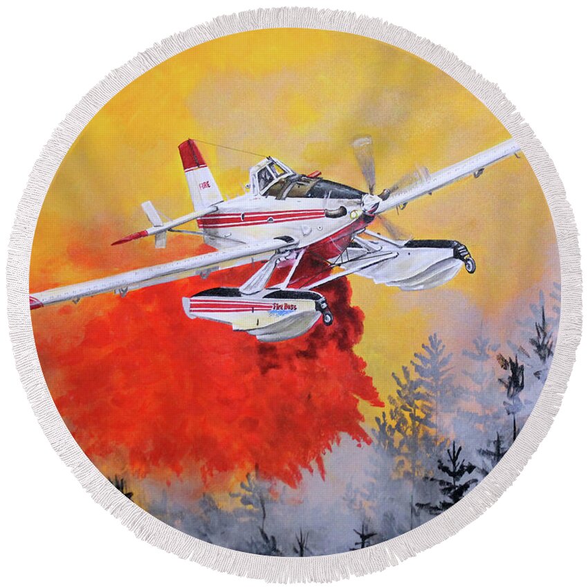 Air Tractor Round Beach Towel featuring the painting Air Tractor 802 Fire Boss by Karl Wagner