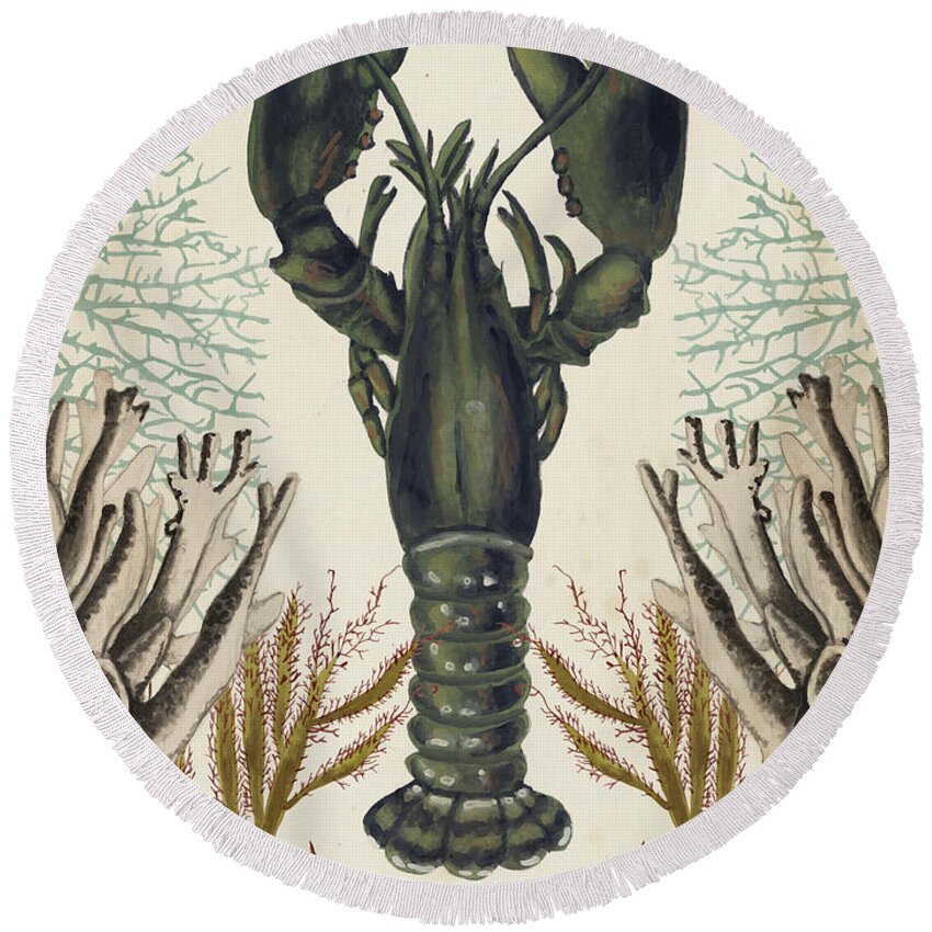 Coastal Round Beach Towel featuring the painting Antiquarian Menagerie - Lobster by Naomi Mccavitt