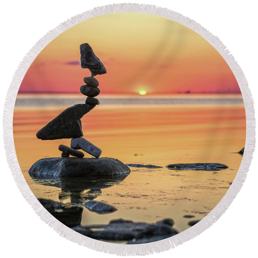 Meditation Zen Yoga Mindfulness Stones Nature Land Art Balancing Sweden Round Beach Towel featuring the photograph Balancing art #6-2 by Pontus Jansson