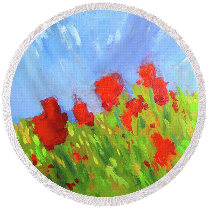 Abstract Floral Landscape Round Beach Towel featuring the painting Blooms #1 by Nancy Merkle