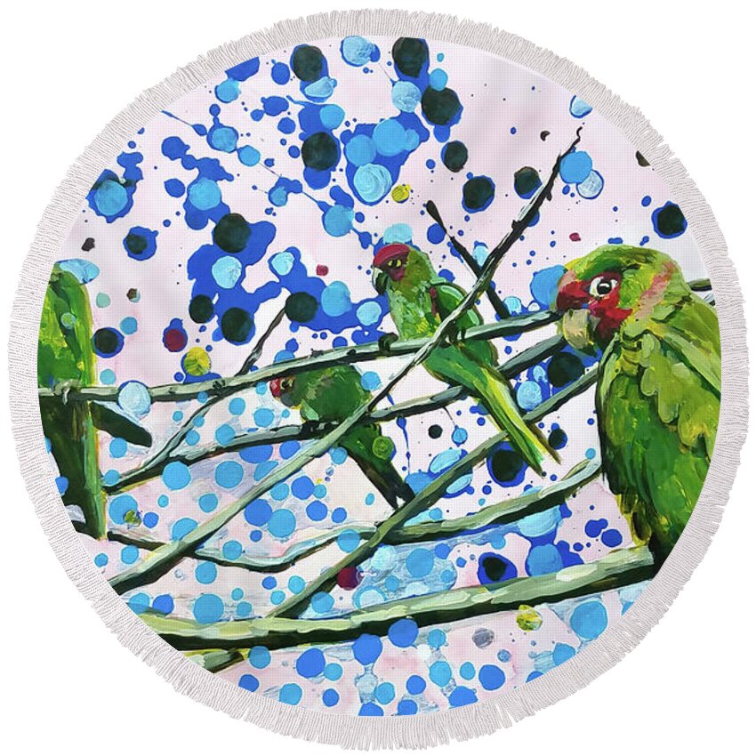 Tropical Round Beach Towel featuring the painting Blue Dot Parakeets #1 by Tilly Strauss