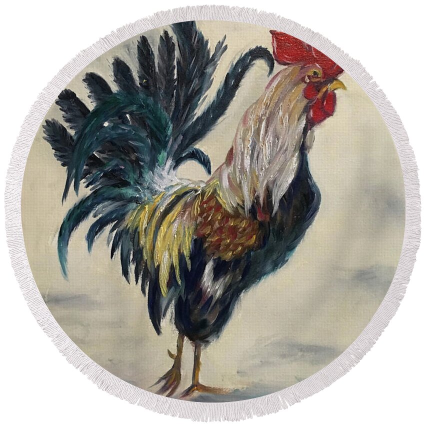 Rooster Round Beach Towel featuring the painting Boss by Roxy Rich