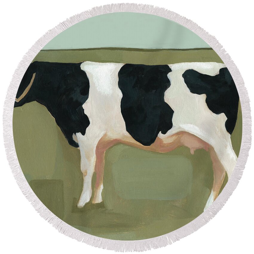 Animals Round Beach Towel featuring the painting Bovine Portrait II #1 by Emma Scarvey