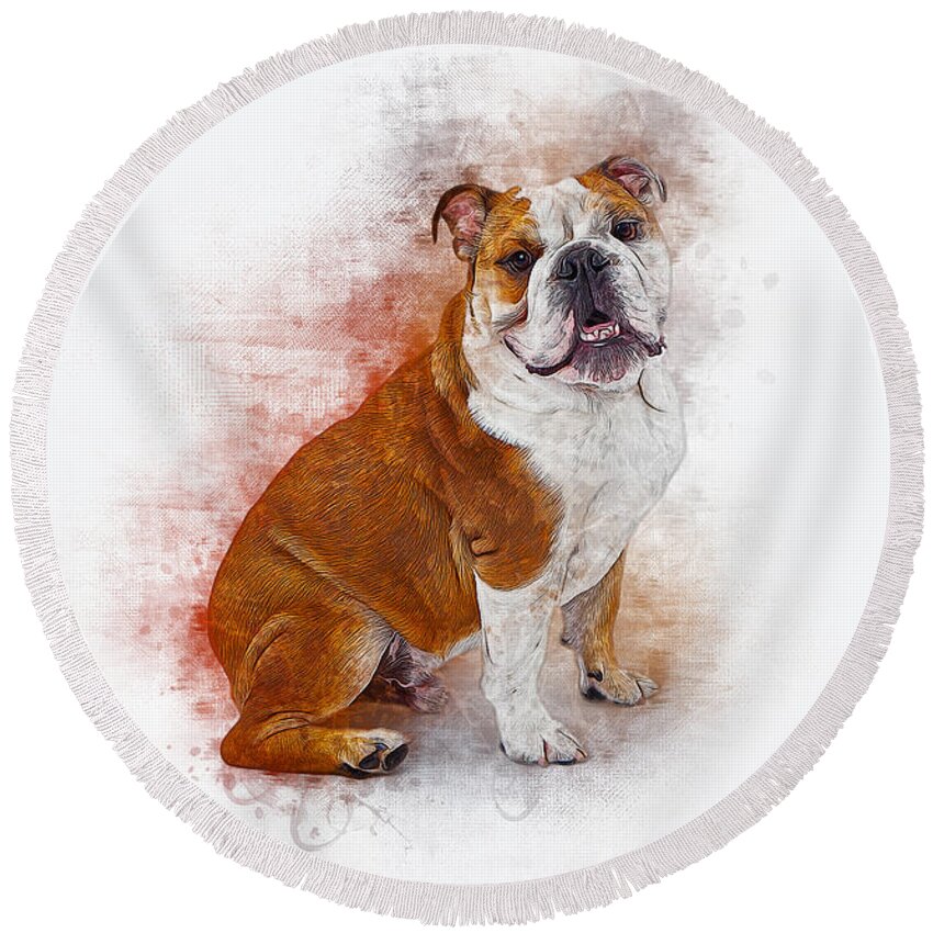 Dog Round Beach Towel featuring the digital art Bulldog #1 by Ian Mitchell