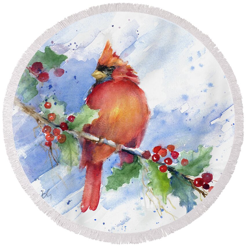 Cardinal Round Beach Towel featuring the painting Cardinal On Holly Branch by Lanie Loreth