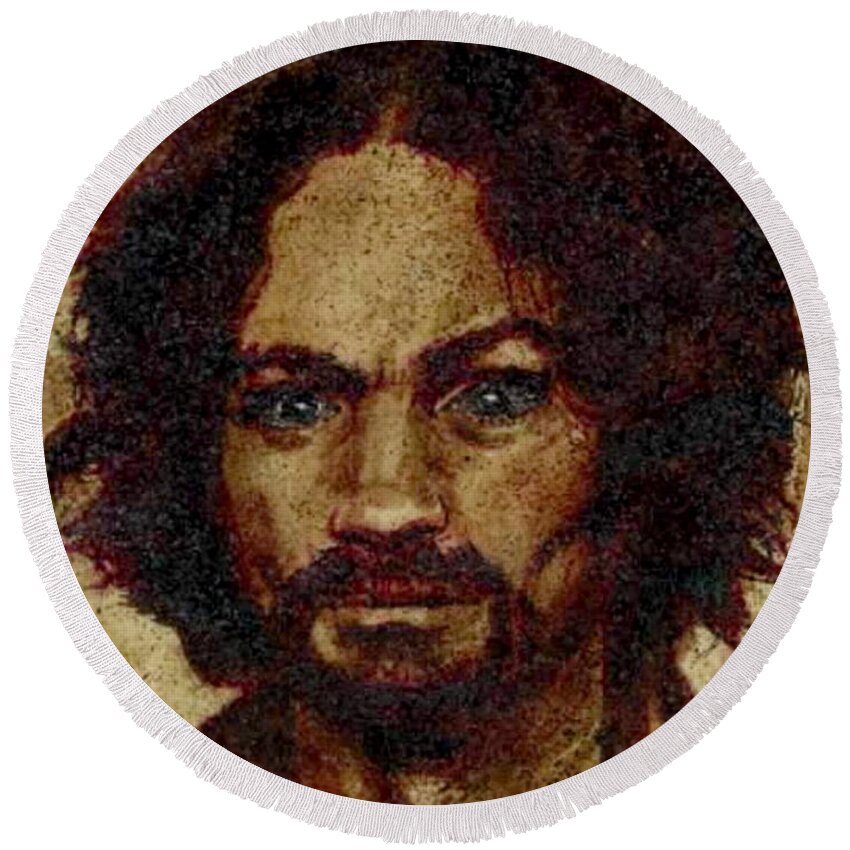 Ryan Almighty Round Beach Towel featuring the painting CHARLES MANSON port dry blood by Ryan Almighty