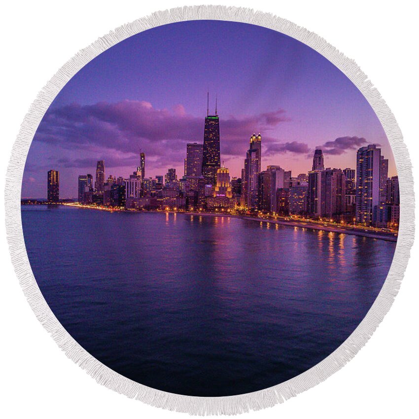 Chicago Round Beach Towel featuring the photograph Chicago Sunset #1 by Bobby K