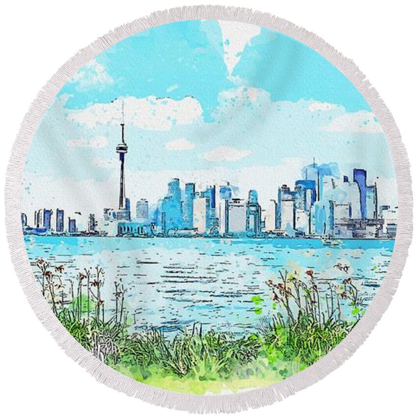 Cityscape Round Beach Towel featuring the painting cityscape canada, c 2019 watercolor, by Adam Asar #1 by Celestial Images