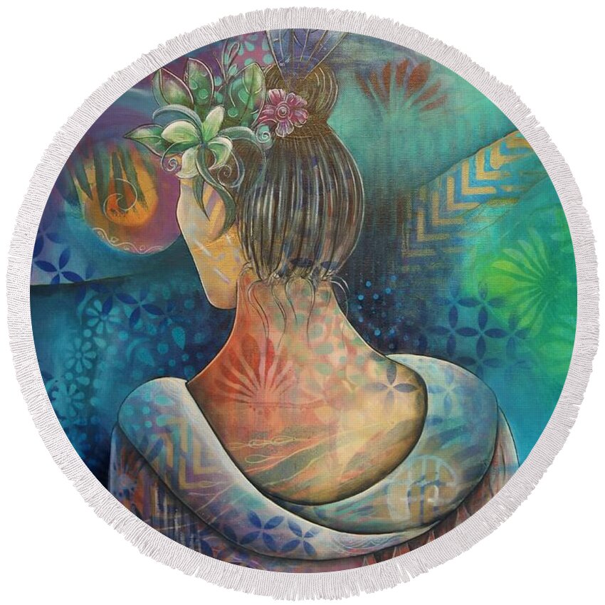 Woman Round Beach Towel featuring the painting Contemplation #1 by Reina Cottier
