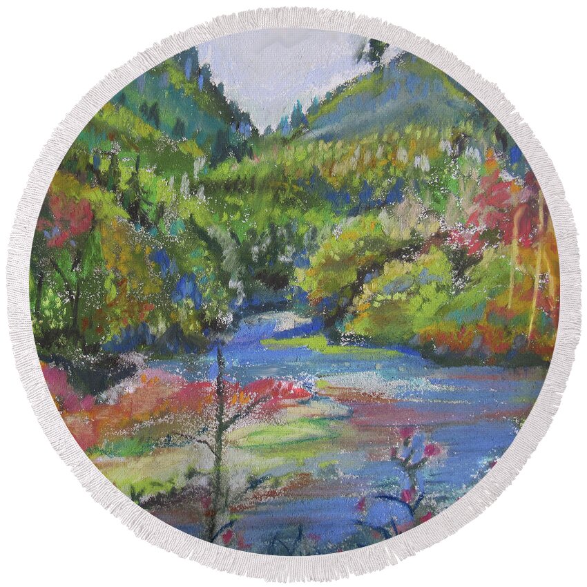 Pastel Landscape Round Beach Towel featuring the pastel Country River #1 by Jean Batzell Fitzgerald