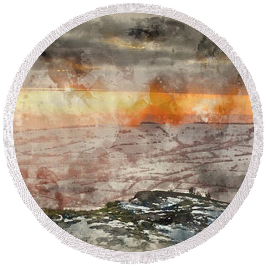 Landscape Round Beach Towel featuring the photograph Digital watercolor painting of Stunning Winter panoramic landsca #1 by Matthew Gibson