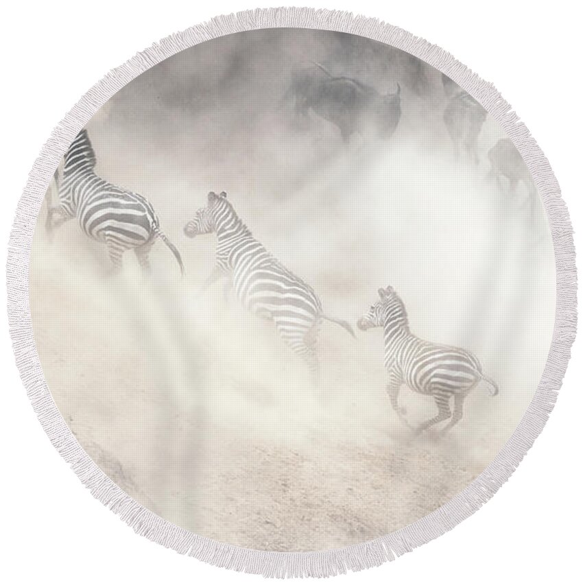 Wildlife Round Beach Towel featuring the photograph Dramatic Dusty Great Migration in Kenya by Good Focused