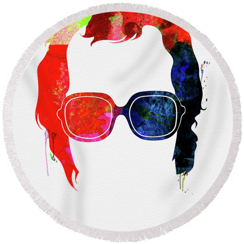 Elton John Round Beach Towel featuring the mixed media Elton Watercolor by Naxart Studio