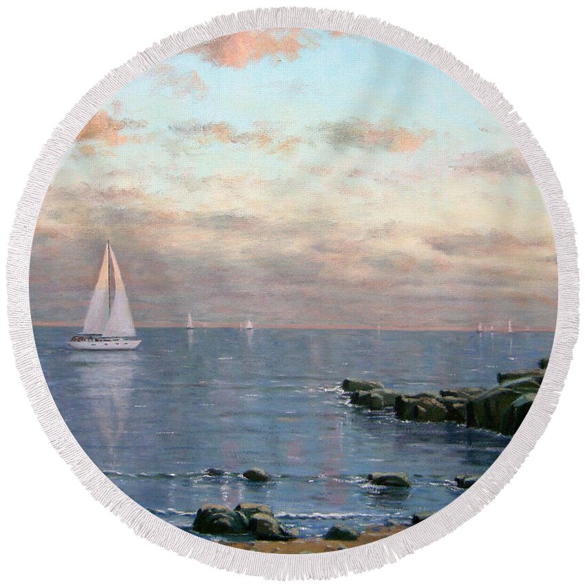 Paintings Round Beach Towel featuring the painting Evening Sail by Rick Hansen