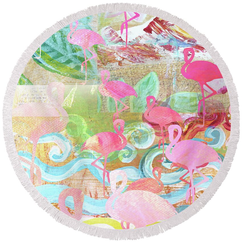 Flamingo Collage Round Beach Towel featuring the mixed media Flamingo Collage by Claudia Schoen