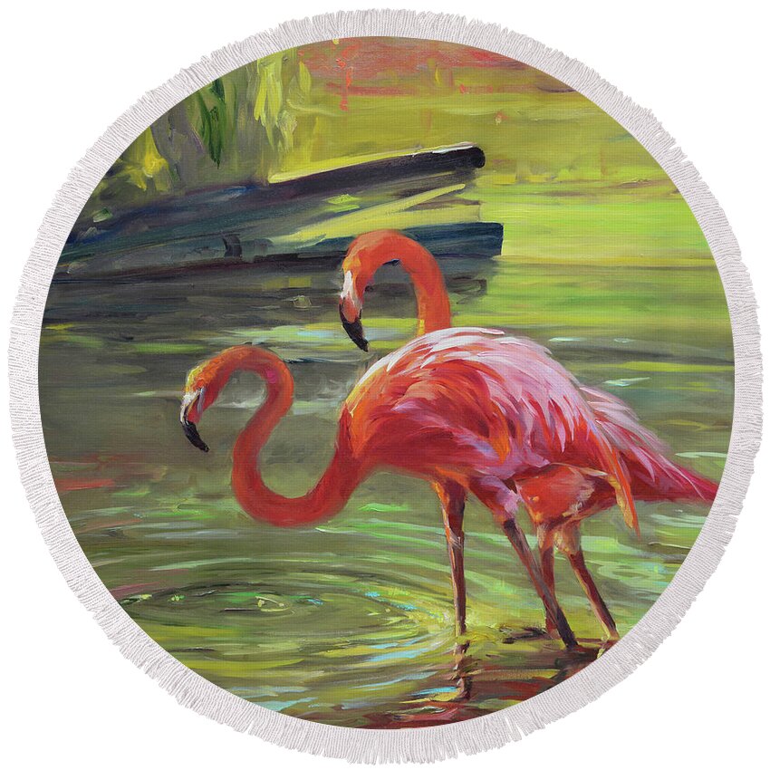 Tropical Round Beach Towel featuring the painting Flamingo IIi by Chuck Larivey