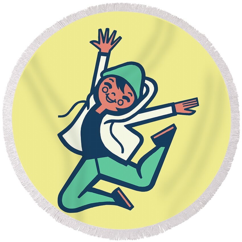 Animated Round Beach Towel featuring the drawing Girl wearing hooded jacket jumping cheerfully with closed eyes #1 by CSA Images