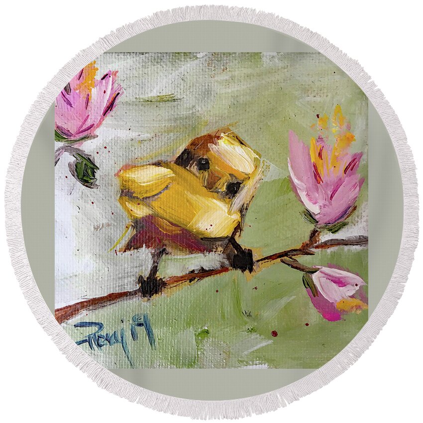 Bird Round Beach Towel featuring the painting Hey Cutie by Roxy Rich