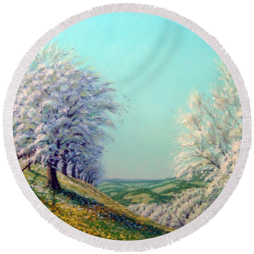 Landscape Round Beach Towel featuring the painting Hillside Orchard by Rick Hansen
