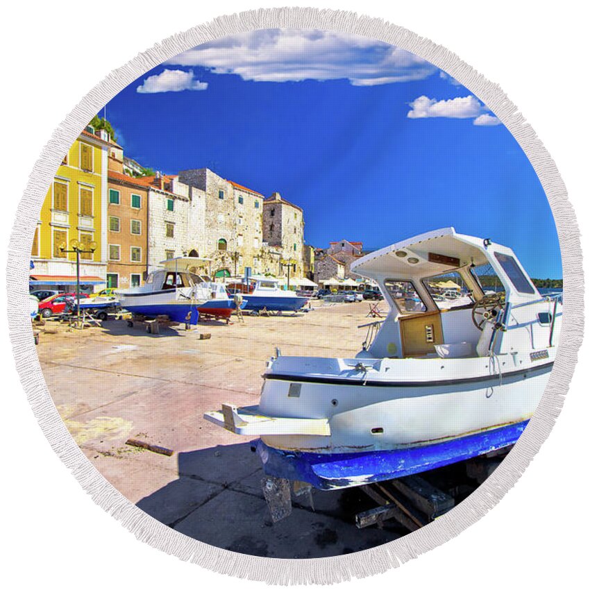 Sibenik Round Beach Towel featuring the photograph Historic UNESCO town of Sibenik old harbor and waterfront view #1 by Brch Photography