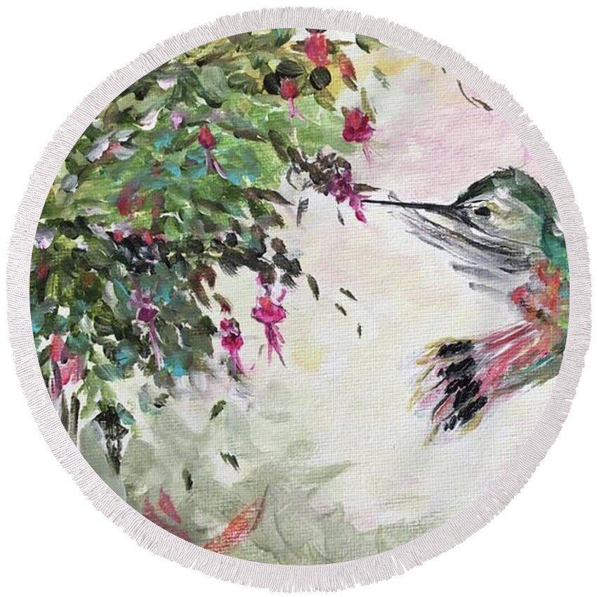 Hummingbird Round Beach Towel featuring the painting Hummingbird with Fuchsias by Roxy Rich