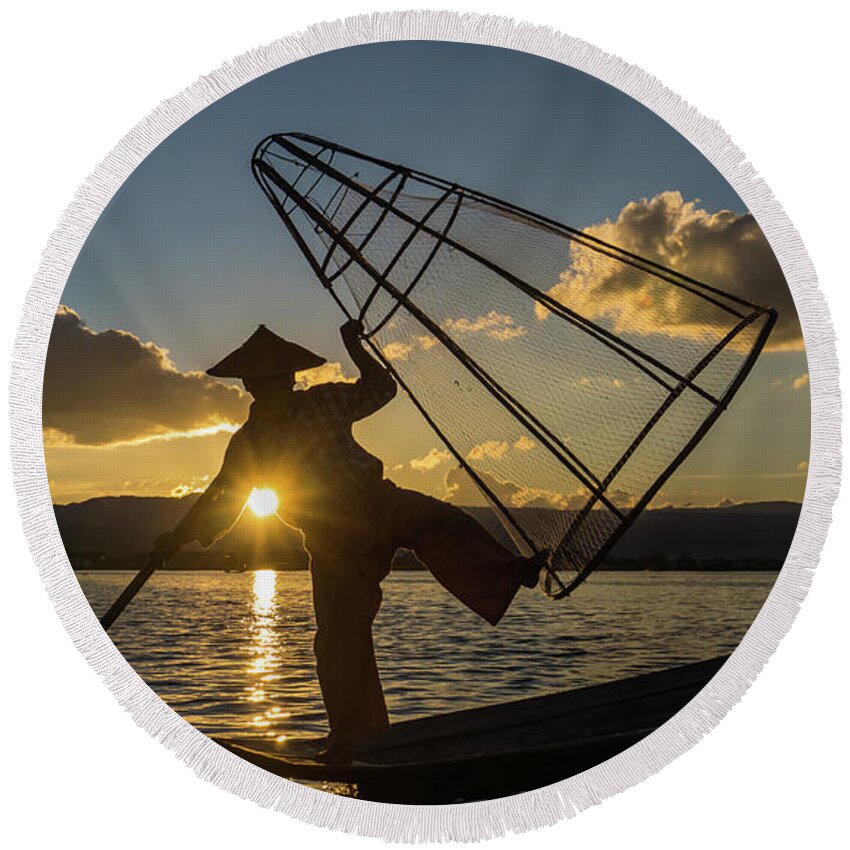 Fisherman Round Beach Towel featuring the photograph Intha fisherman on Lake Inle in Myanmar #2 by Ann Moore