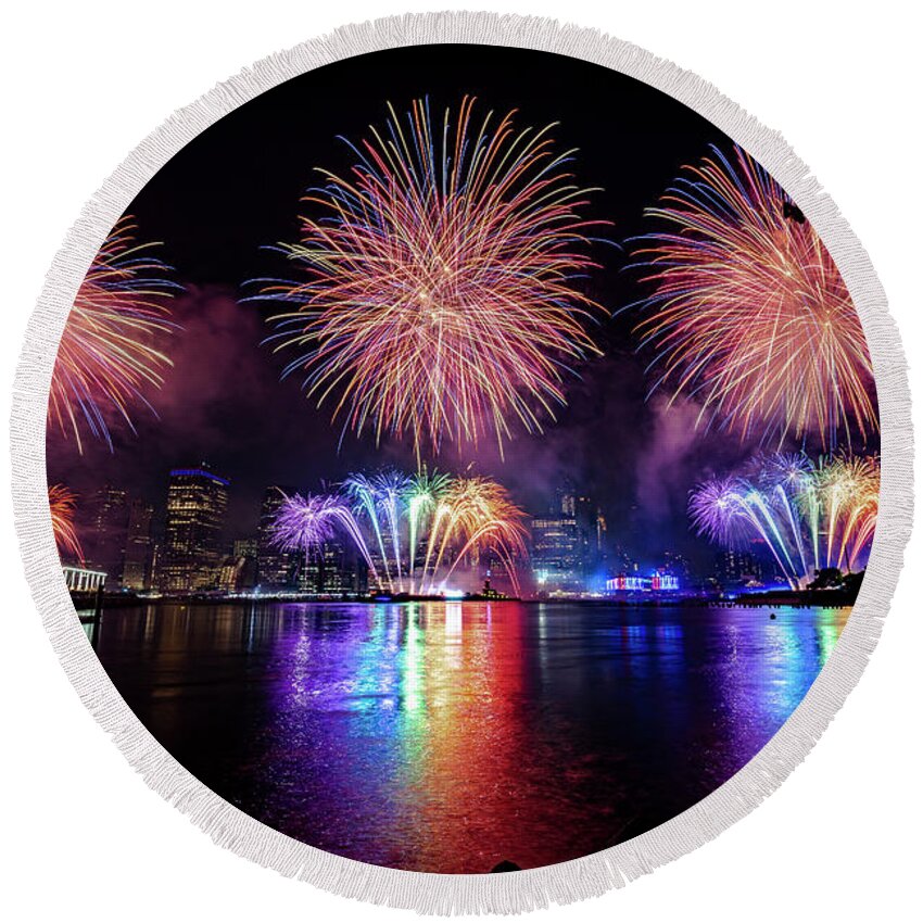 Architecture Round Beach Towel featuring the photograph July 4th Fireworks in New York by Stef Ko