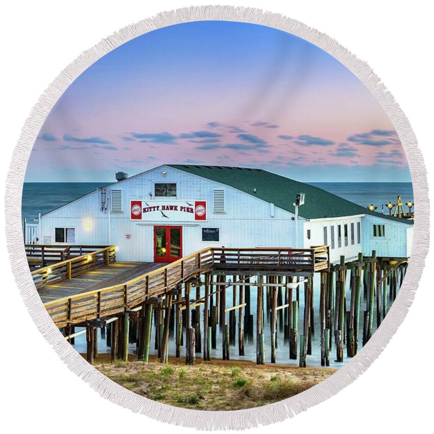 Estock Round Beach Towel featuring the digital art Kitty Hawk Pier, Outer Banks, Nc #1 by Laura Zeid
