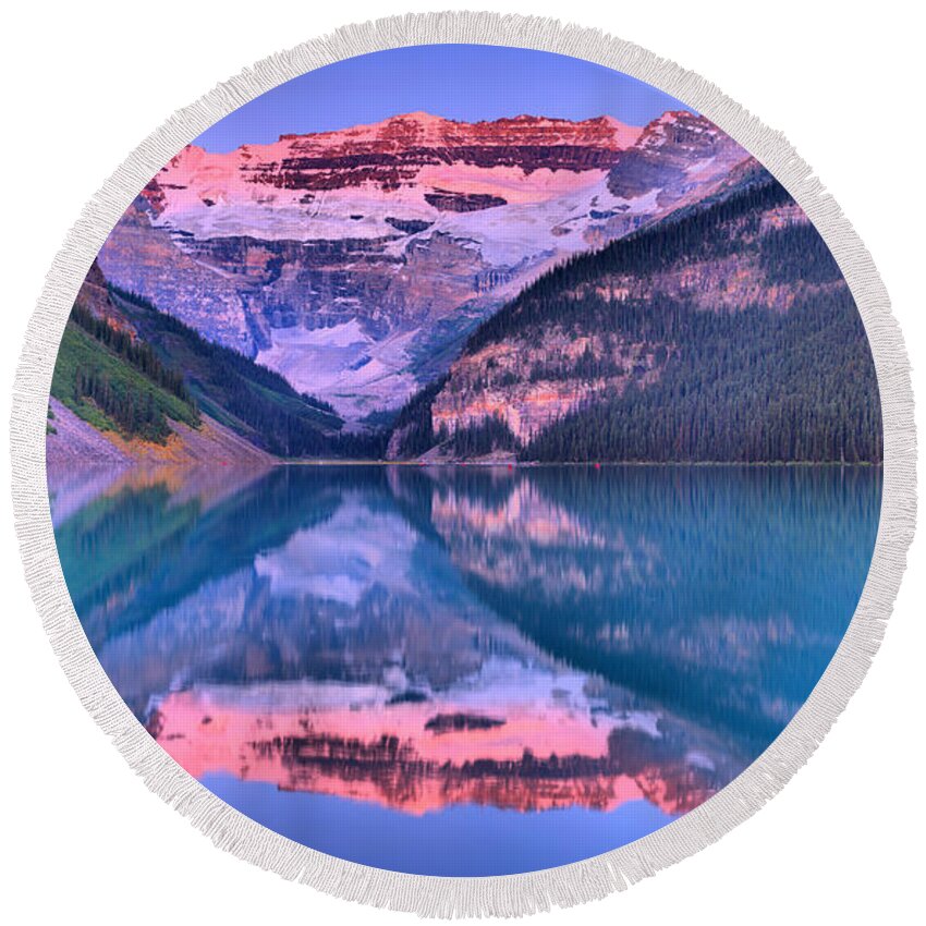 Lake Louise Round Beach Towel featuring the photograph Lake Louise Summer Sunrise Panorama #1 by Adam Jewell