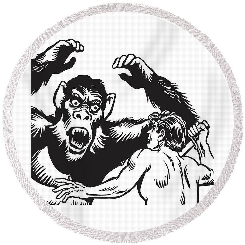 Adult Round Beach Towel featuring the drawing Large Ape and a Man in a Fight #1 by CSA Images