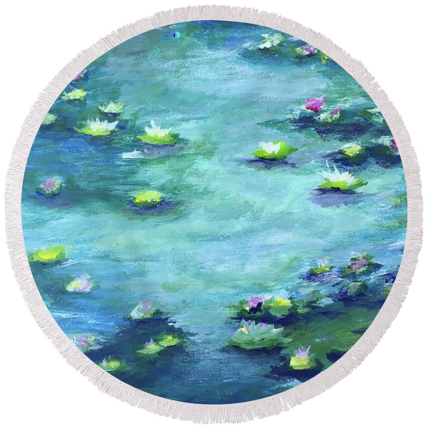 Water Lilies Round Beach Towel featuring the painting Lily Pond by Roxy Rich