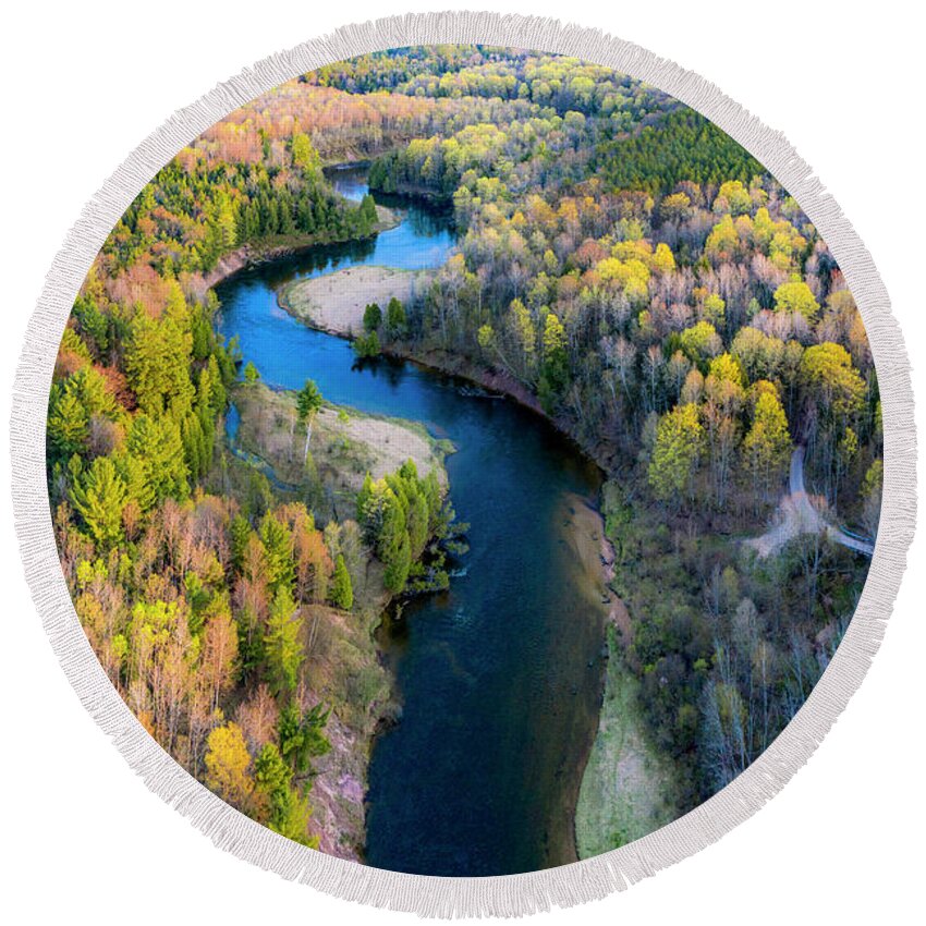 Manistee River Round Beach Towel featuring the photograph Manistee River from Above in Spring #1 by Twenty Two North Photography
