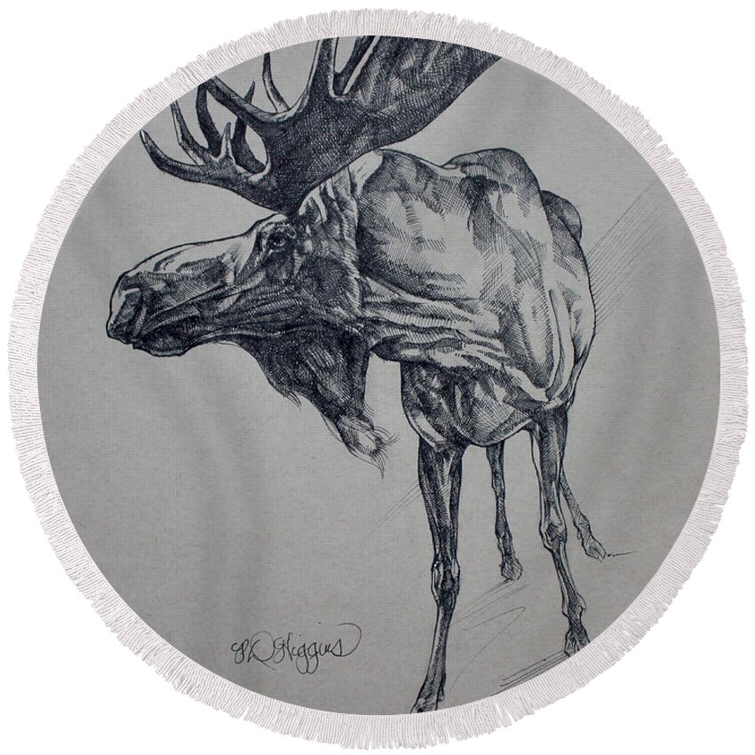 Moose Round Beach Towel featuring the drawing Moose Sketch #2 by Derrick Higgins