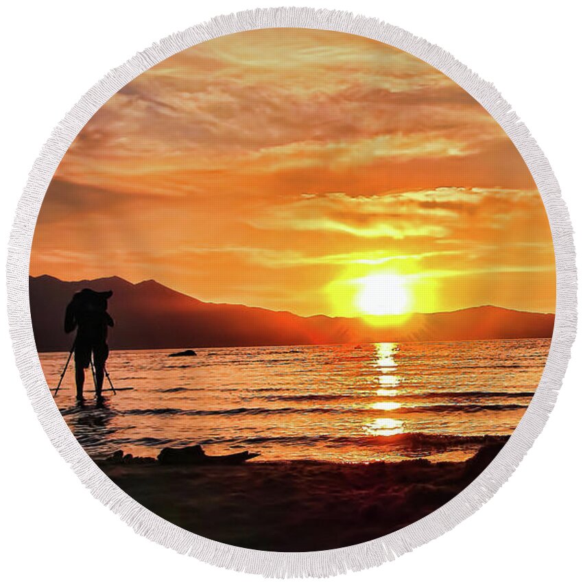 Lake Tahoe Round Beach Towel featuring the photograph Photographing Lake Tahoe Sunset #2 by Pat Cook